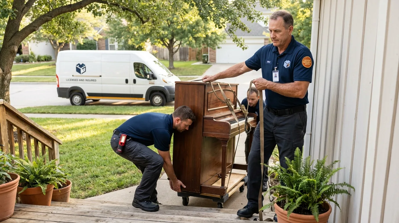 Licensed piano movers securing grand piano in Elkin, NC