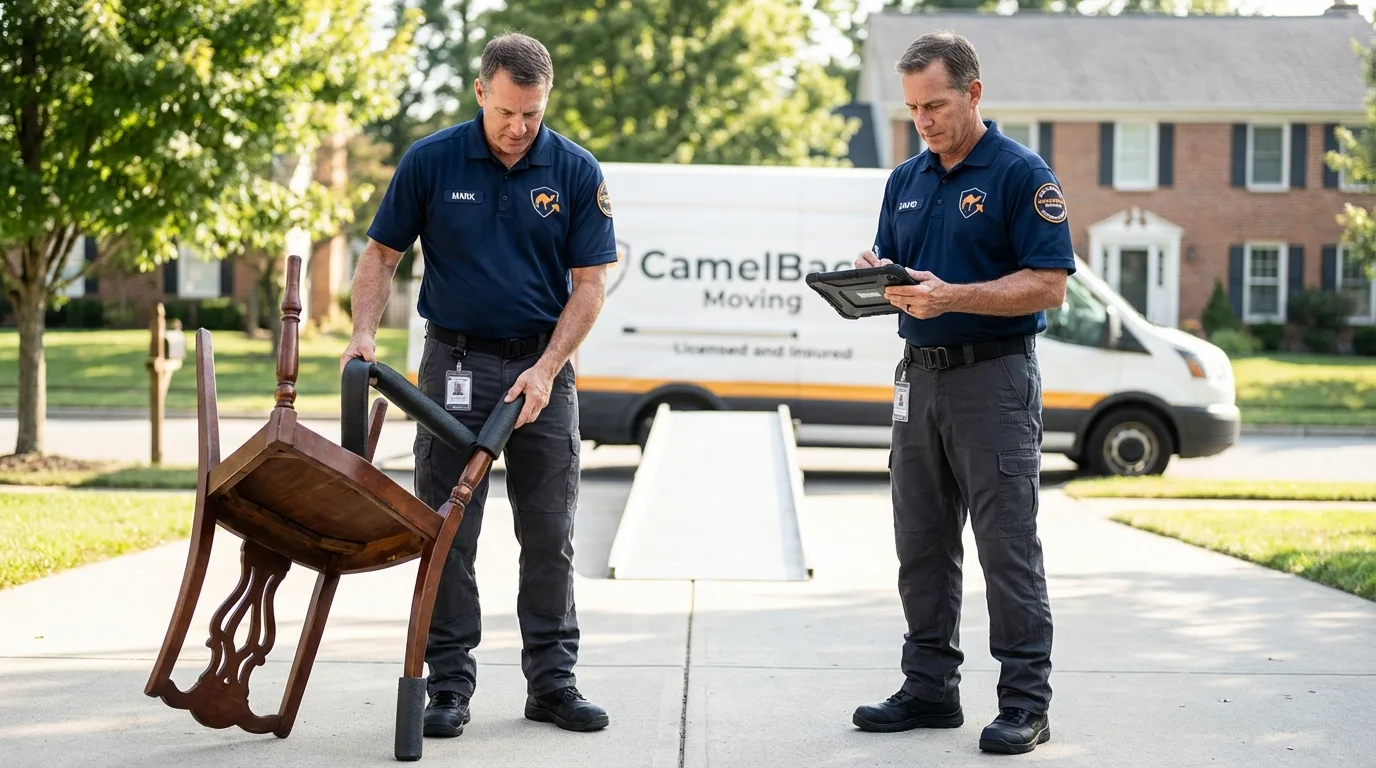 Movers inspecting furniture for damage prevention before loading in Elkin, NC
