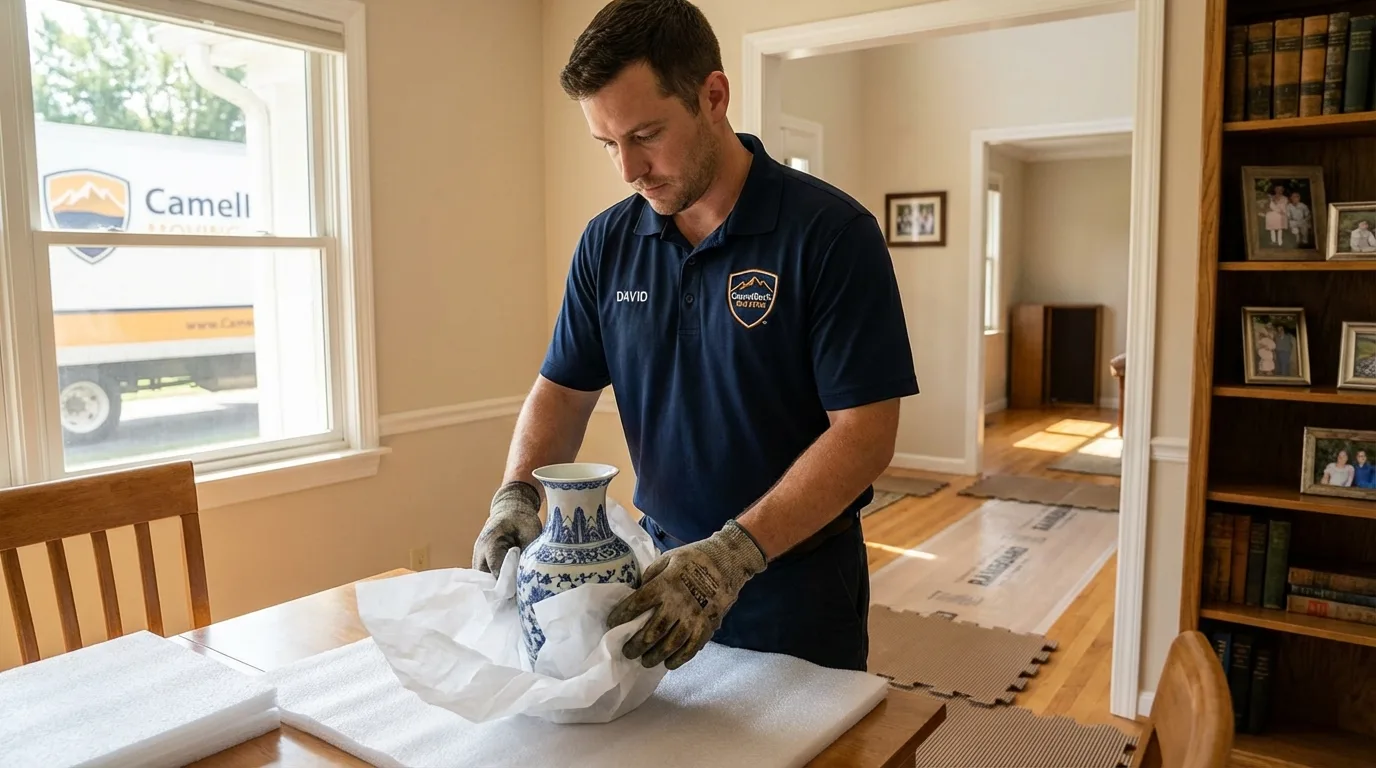 Professional crew carefully wrapping antique vase for senior downsizing move in Elkin, NC